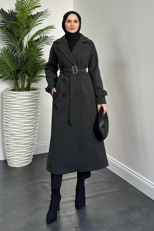 Mahika Astarlı Kemerli Kaşe Kaban Füme