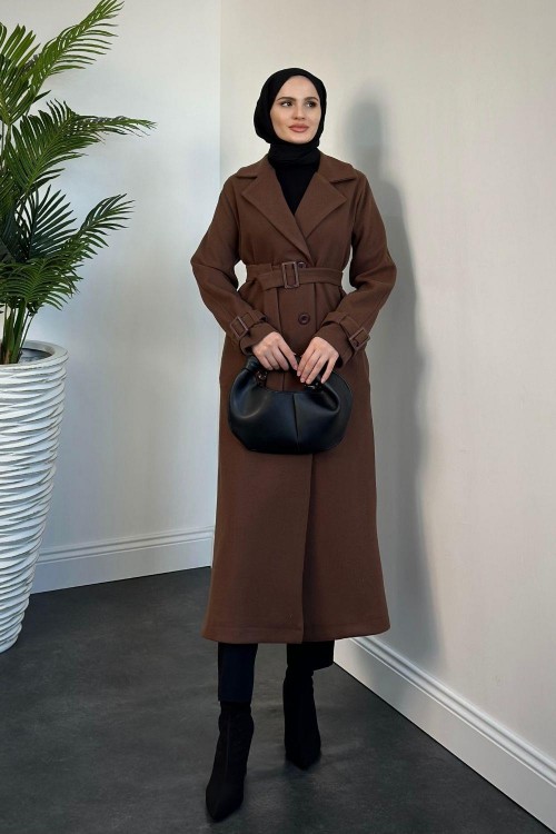 Mahika Astarlı Kemerli Kaşe Kaban Koyu Kahve