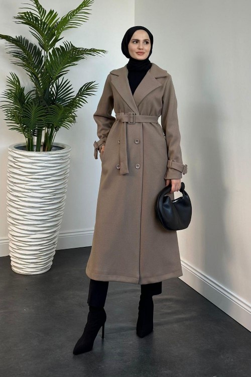 Mahika Astarlı Kemerli Kaşe Kaban Koyu Vizon