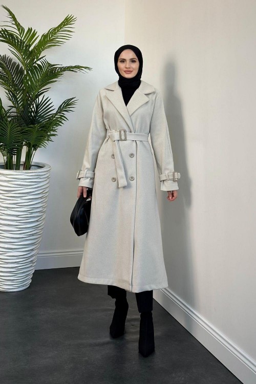 Mahika Astarlı Kemerli Kaşe Kaban Krem