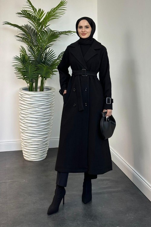 Mahika Astarlı Kemerli Kaşe Kaban Siyah