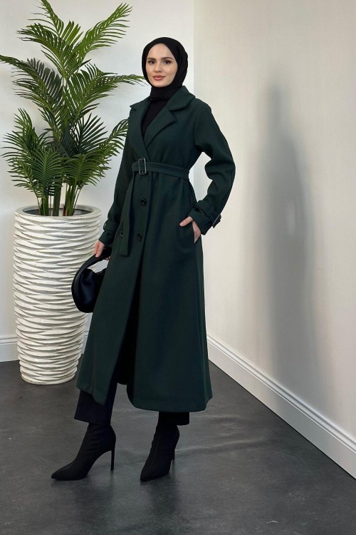 Mahika Astarlı Kemerli Kaşe Kaban Zümrüt