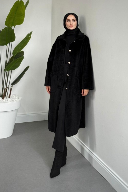 Mandell Kürklü Kaşe Kaban Siyah