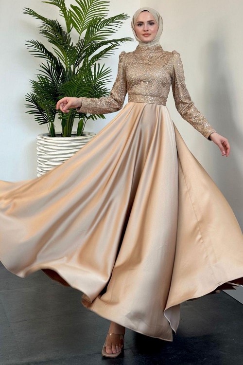 Marble Alt Kısmı Saten Abiye Gold