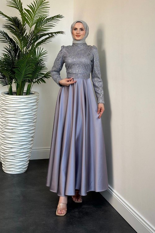 Marble Alt Kısmı Saten Abiye Gri