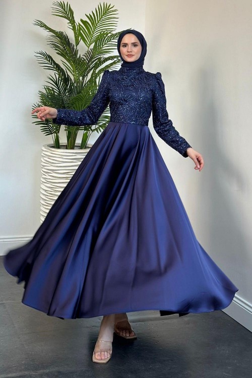 Marble Alt Kısmı Saten Abiye Lacivert