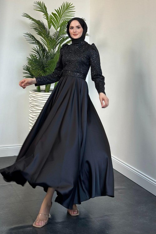 Marble Alt Kısmı Saten Abiye Siyah