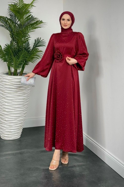 Margherita Taşlı Balon Kol Abiye Bordo