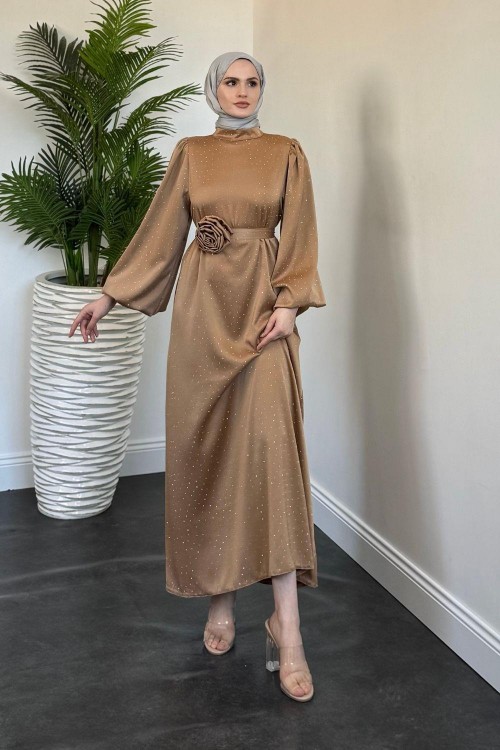 Margherita Taşlı Balon Kol Abiye Cappucino
