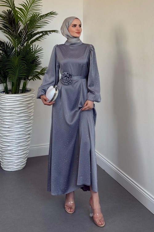 Margherita Taşlı Balon Kol Abiye Gri