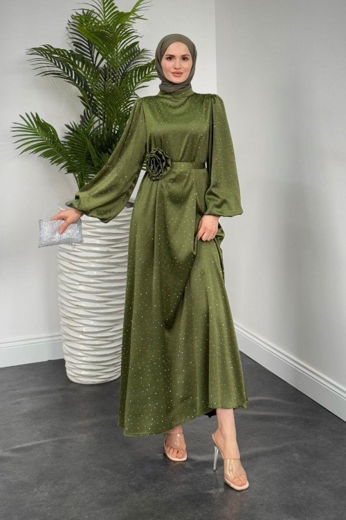 Margherita Taşlı Balon Kol Abiye Haki