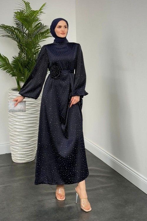 Margherita Taşlı Balon Kol Abiye Lacivert