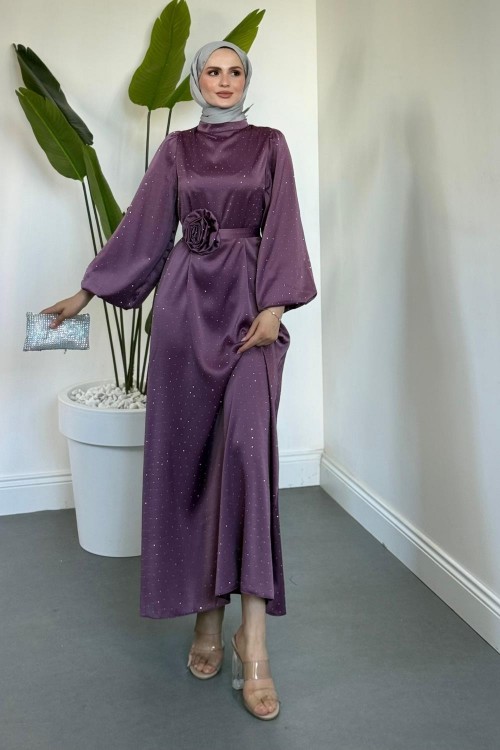 Margherita Taşlı Balon Kol Abiye Lila