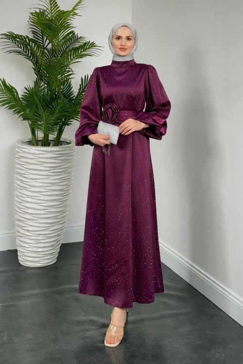 Margherita Taşlı Balon Kol Abiye Mürdüm