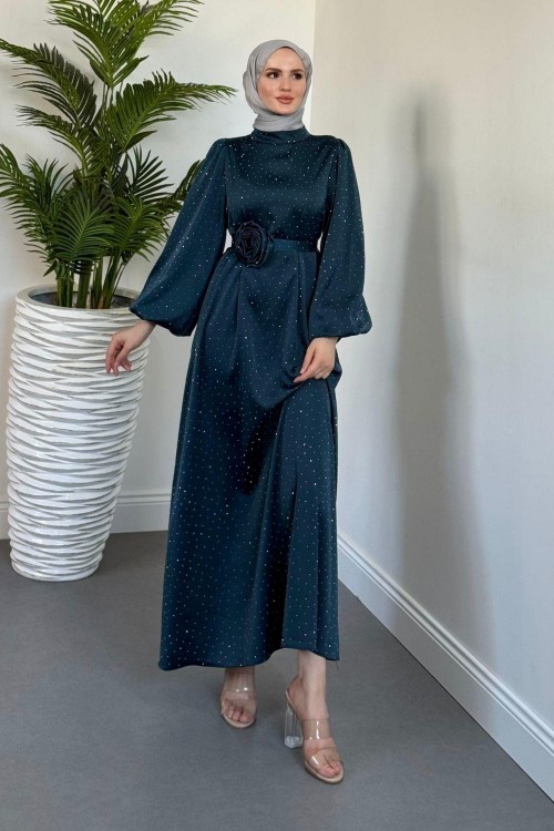 Margherita Taşlı Balon Kol Abiye Petrol Yeşili