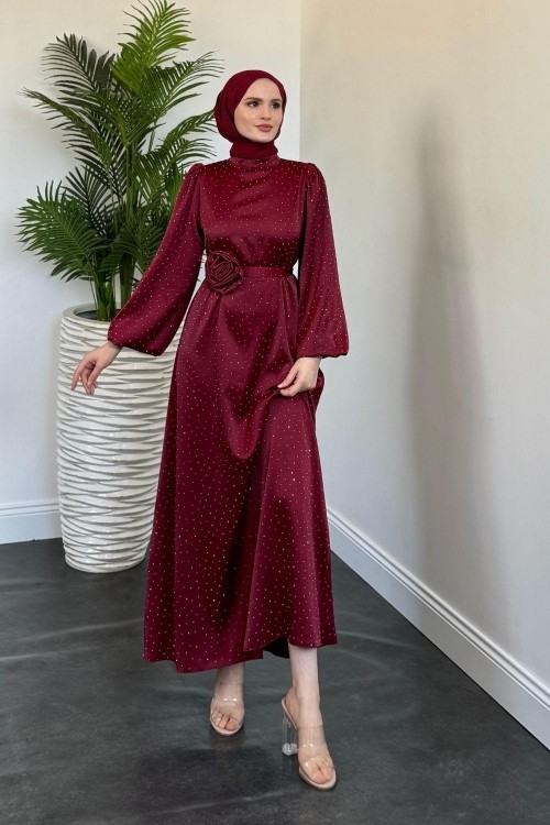 Margherita Taşlı Balon Kol Abiye Vişne Çürüğü