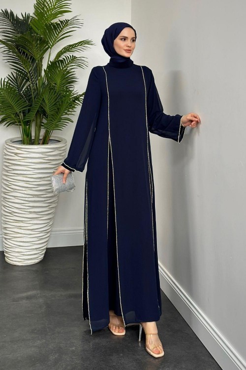 Mariah Şifon Taşlı Abaya Lacivert