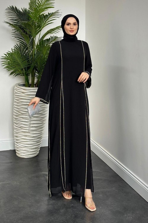 Mariah Şifon Taşlı Abaya Siyah