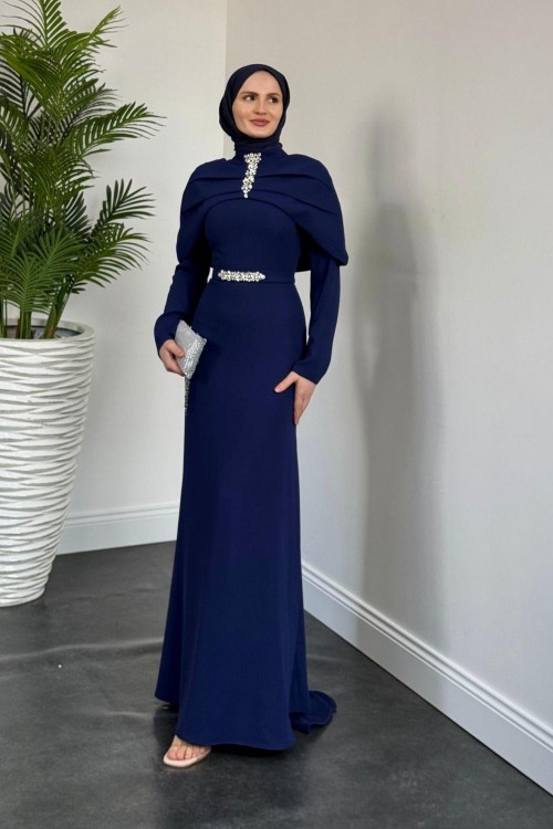 Mariam Pelerinli Kuyruklu Krep Abiye Lacivert