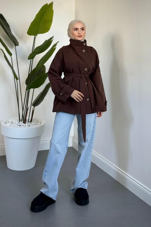 Marivelle Dik Yaka Trençkot Kahverengi