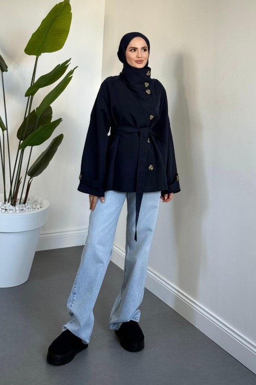 Marivelle Dik Yaka Trençkot Lacivert