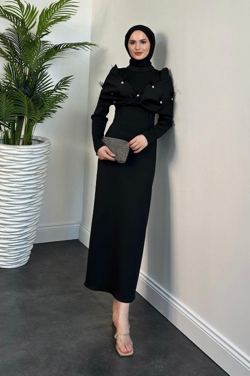 Marsil Taşlı Pelerinli Abiye Siyah