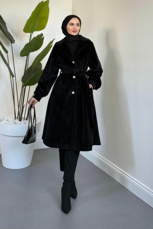 Marvil Astarlı Kuşaklı Kaşmir Kumaş Kaban Siyah