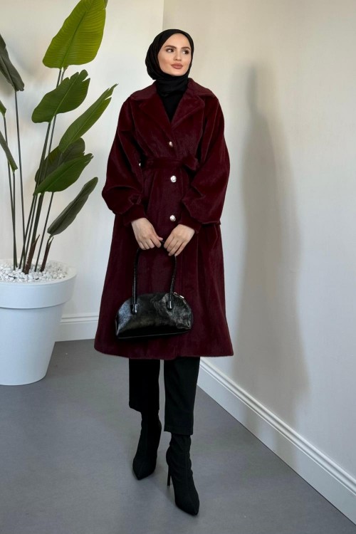 Marvil Astarlı Kuşaklı Kaşmir Kumaş Kaban Vişne Çürüğü