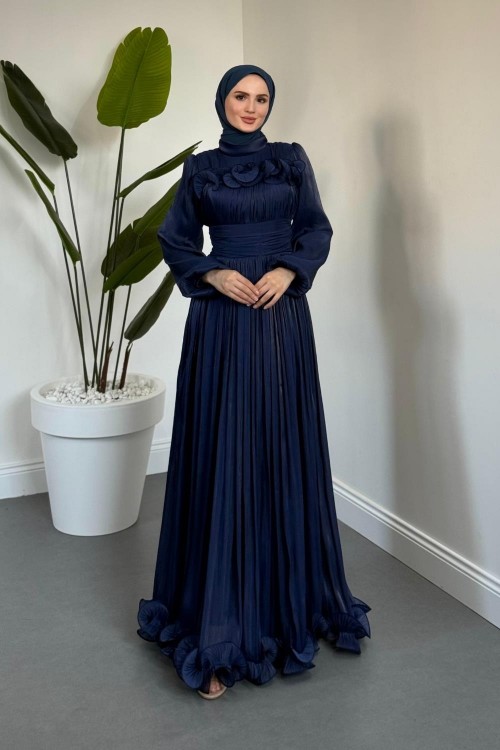 Maryam Altı Ve Göğüs Kısmı Fırfırlı Janjan Abiye Lacivert