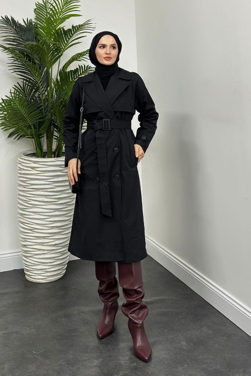 Massi Astarlı Trençkot Siyah