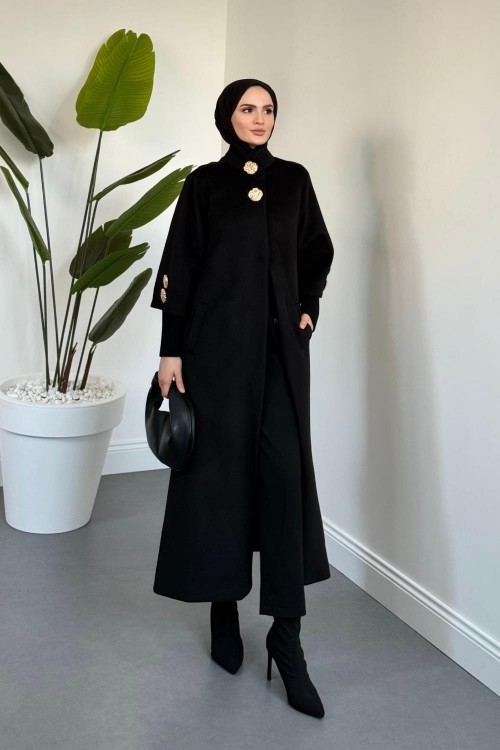 Matar Önü Çıtçıtlı Astarlı Kaşe Kaban Siyah