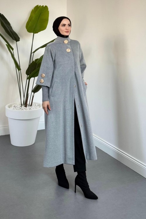 Matar Önü Çıtçıtlı Astarlı Kaşe Kaban Gri