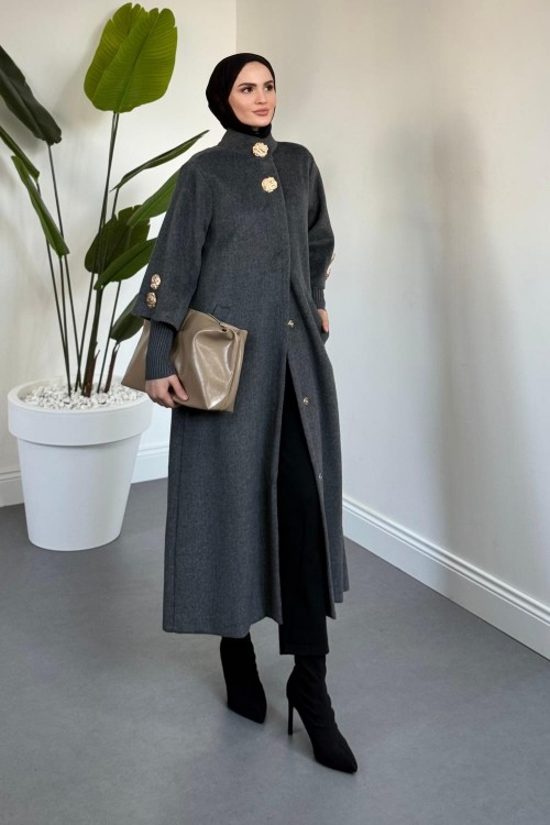 Matar Önü Çıtçıtlı Astarlı Kaşe Kaban Füme