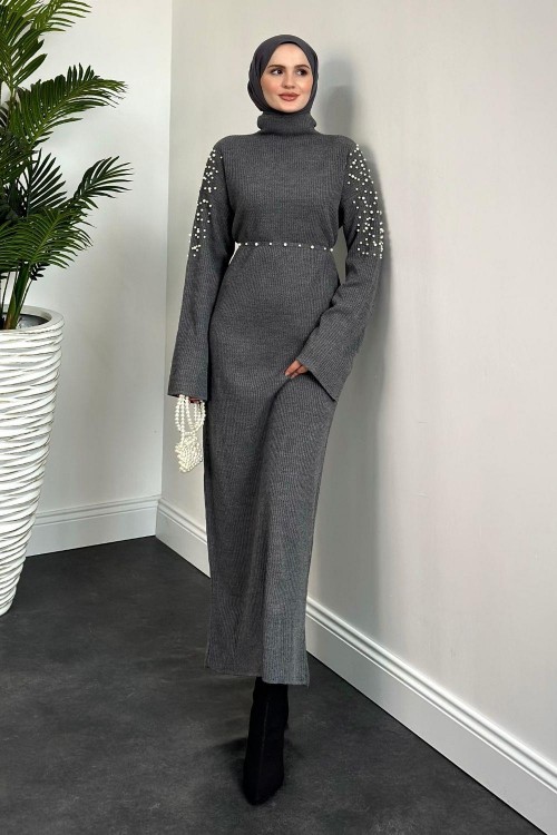 Maya Omzu İncili Triko Elbise Gri