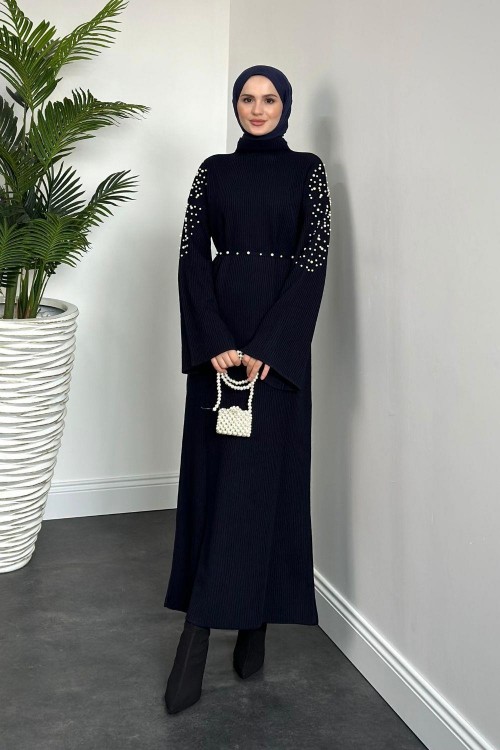 Maya Omzu İncili Triko Elbise Lacivert