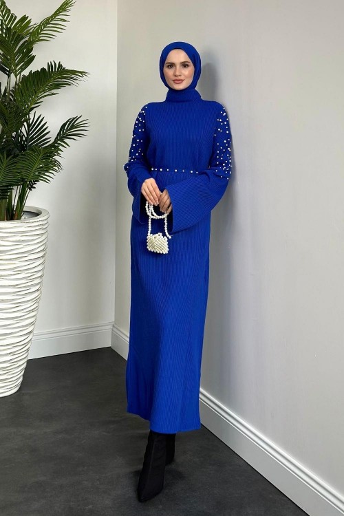 Maya Omzu İncili Triko Elbise Saks