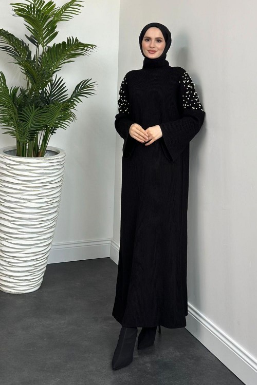 Maya Omzu İncili Triko Elbise Siyah