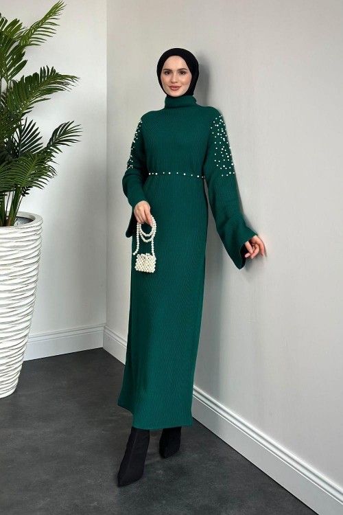 Maya Omzu İncili Triko Elbise Zümrüt