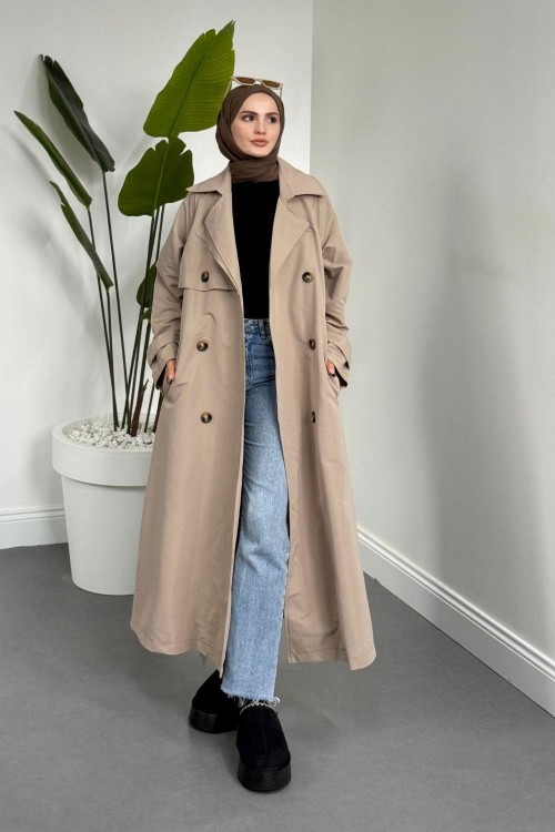 Mayi Arkası Pelerinli Düğmeli Trençkot Vizon