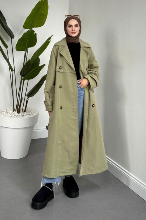Mayi Arkası Pelerinli Düğmeli Trençkot Çağla Yeşili