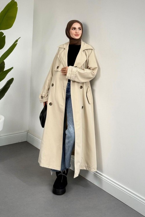 Mayi Arkası Pelerinli Düğmeli Trençkot Bej