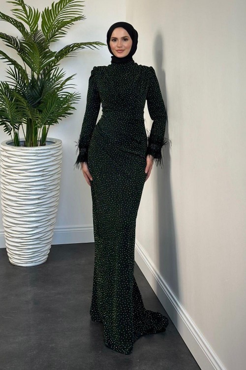 Meleda Taşlı Kuyruklu Likralı Balık Abiye Zümrüt