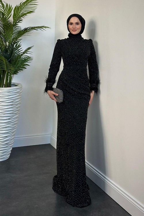 Meleda Taşlı Kuyruklu Likralı Balık Abiye Siyah