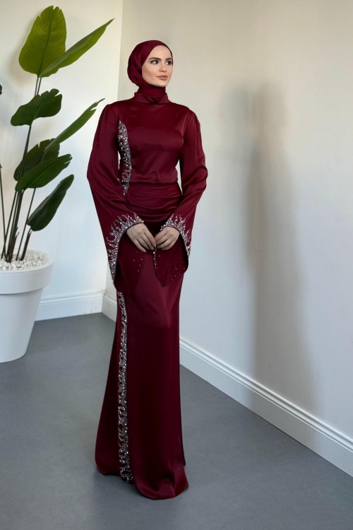 Melinos Yandan Taşlı Saten Abiye Bordo