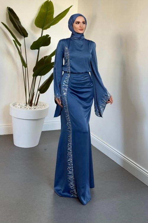 Melinos Yandan Taşlı Saten Abiye İndigo