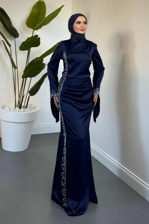 Melinos Yandan Taşlı Saten Abiye Lacivert