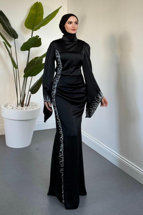 Melinos Yandan Taşlı Saten Abiye Siyah