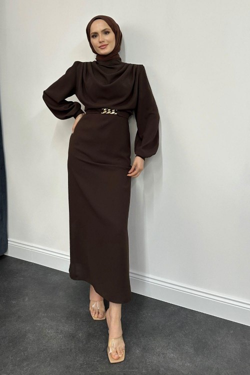 Meridan Üstü Drape Krep Abiye Kahverengi