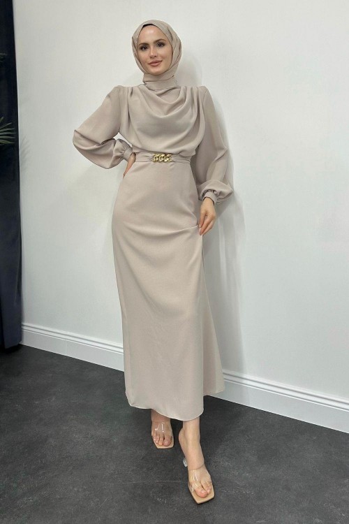 Meridan Üstü Drape Krep Abiye Krem