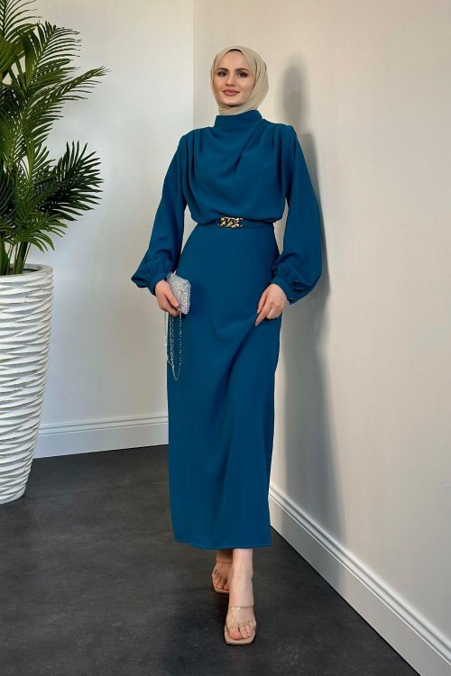 Meridan Üstü Drape Krep Abiye Turkuaz